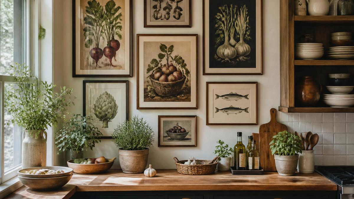 A cozy kitchen corner with a curated gallery wall of framed food-themed prints, vintage cooking illustrations, and typography art arranged above a wooden counter with fresh herbs and ceramic bowls