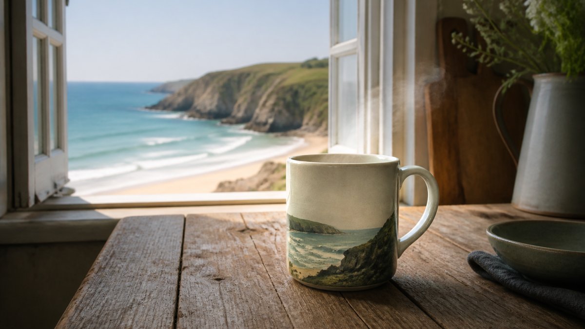 A white ceramic mug with a coastal print resting on a weathered wooden kitchen table, steam rising, a sunlit Cornish beach and turquoise sea visible through an open window behind it