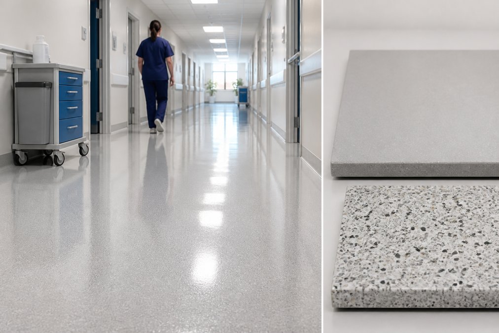 A bright, clean hospital corridor with a seamless, light gray epoxy flooring finish reflecting the overhead lights, with a nurse walking in the background