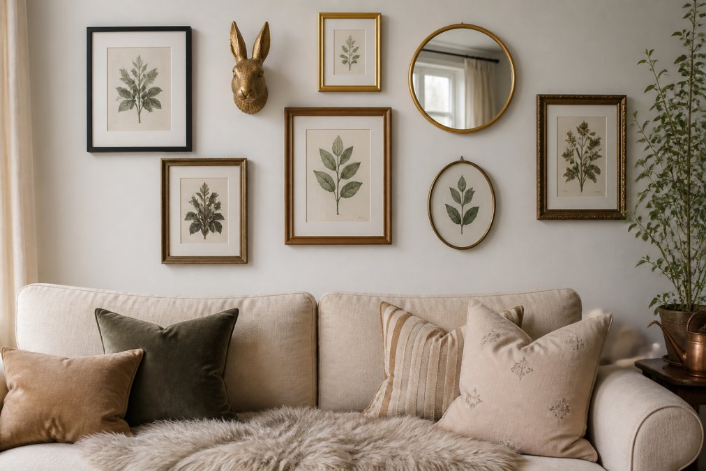 A bright, modern living room with a well-styled gallery wall above a beige sofa. The wall features a mix of framed botanical prints, a small sculptural animal wall mount with an antique gold finish, and a round brass mirror, arranged in an organic cluster with balanced visual weight