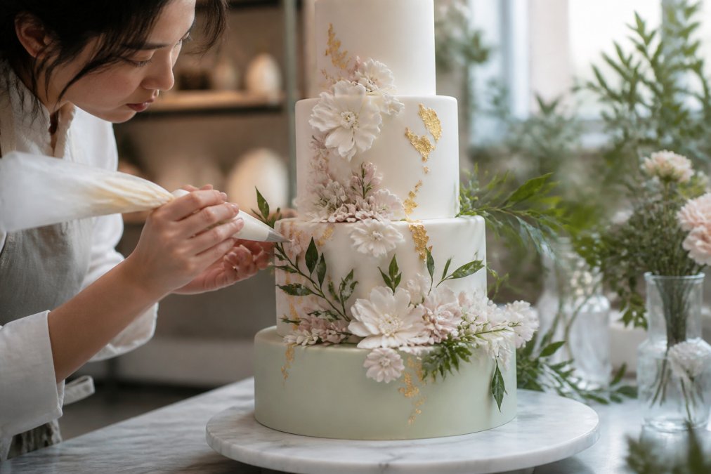 Pastry artist hand-piping sugar flowers onto an artistic wedding cake design with gold leaf and greenery.