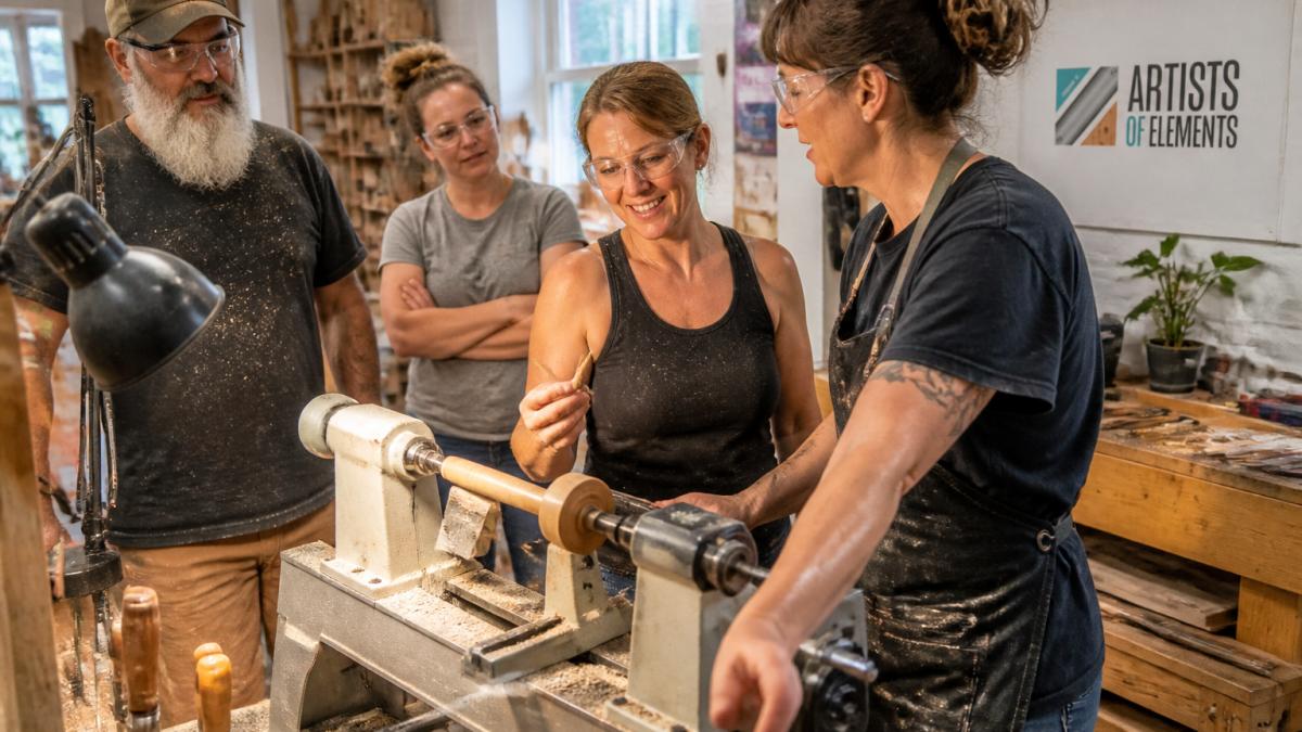 Instructor guiding a beginner on a woodturning lathe in a workshop with sawdust in the air and a finished wooden pen.