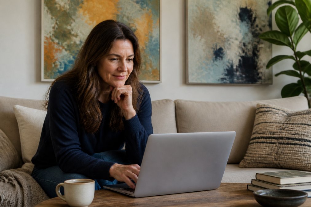 A person sitting in a warmly lit living room, leaning toward a laptop screen displaying colorful abstract paintings, with a large framed canvas visible on the wall behind them
