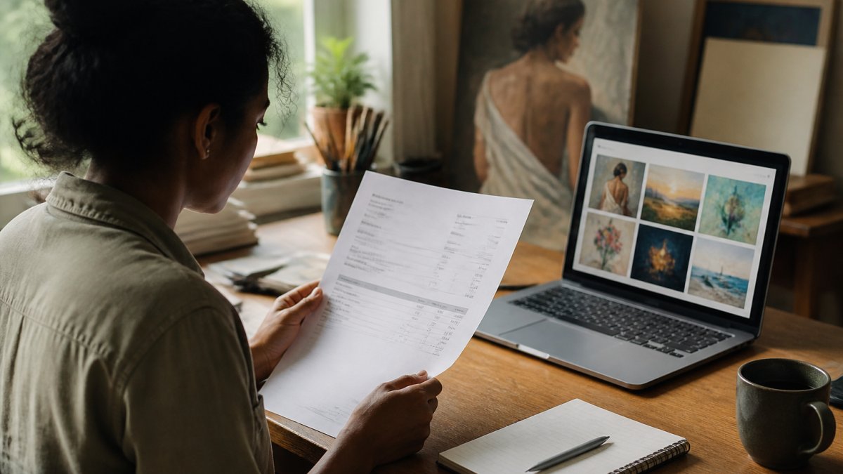 An artist at a wooden desk reviewing a printed statement of sales and commission notes beside a laptop showing an online gallery dashboard, natural window light, warm studio setting