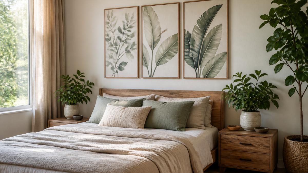 Serene bedroom with soft neutral bedding, natural wood furniture, oversized wall art featuring botanical themes in muted greens and earth tones, potted greenery on nightstands, and warm natural lighting from a nearby window