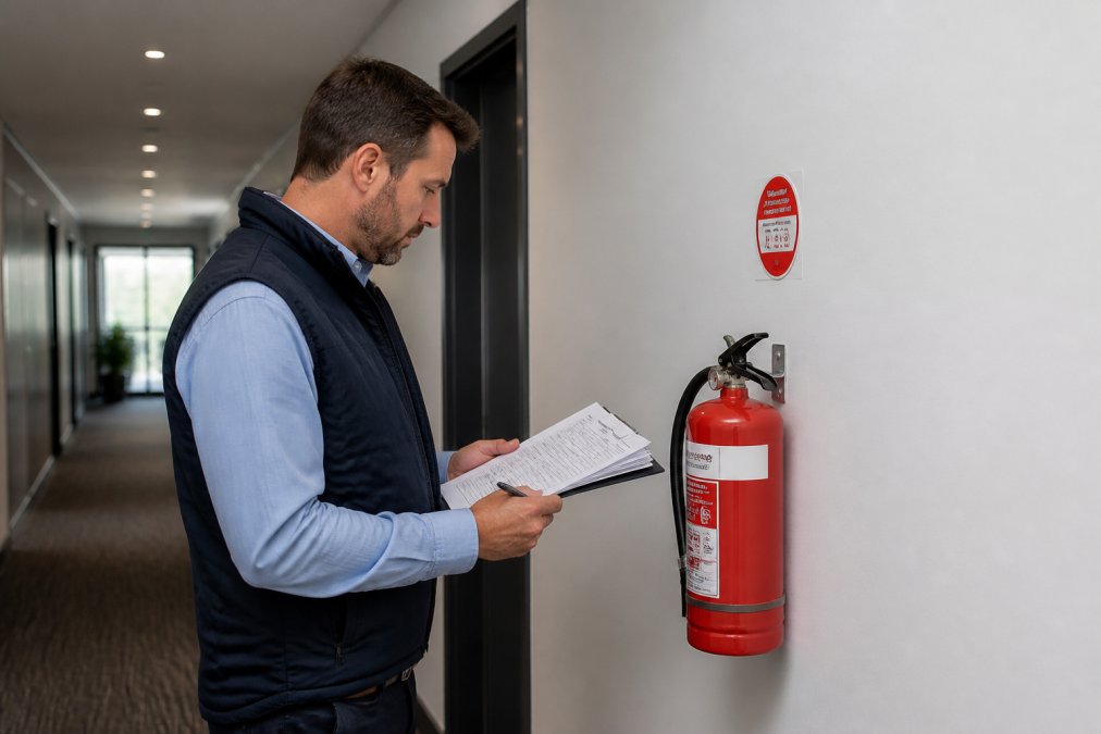 Building manager reviewing fire safety equipment and logbook on a clipboard, standing next to a fire extinguisher mounted in a commercial corridor with proper signage