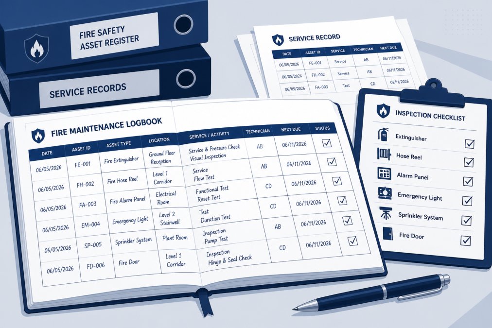 Close-up of a detailed fire safety maintenance logbook and service records spread across a desk with a pen and inspection clipboard, showing handwritten entries and service dates