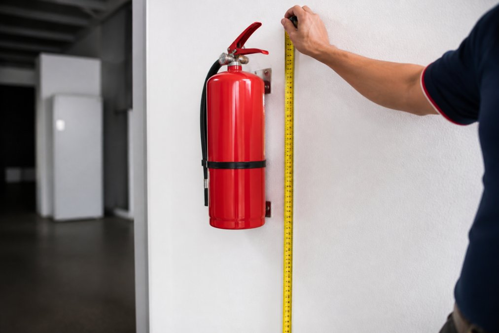 Close-up of a fire extinguisher mounted on a commercial wall at approximately 1.2 metres height, with a tape measure or height indicator visible showing the mounting bracket and handle position in proper alignment