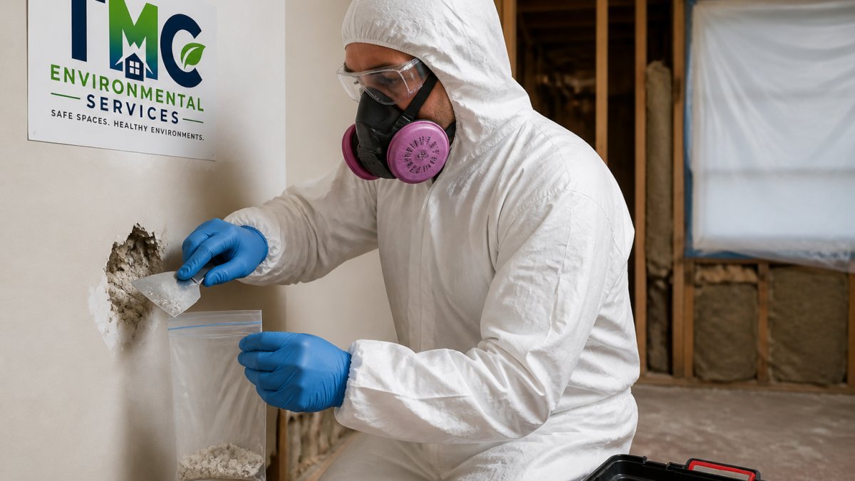 Certified inspector in protective gear collecting a wall sample for professional asbestos testing
