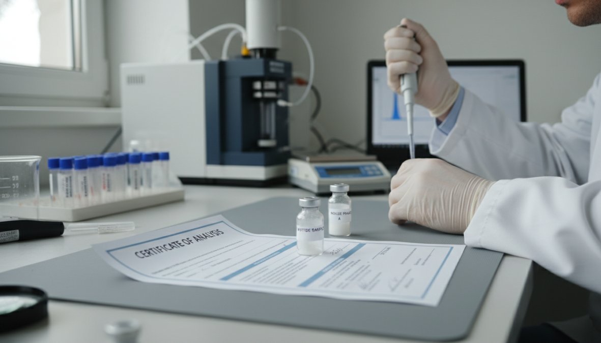 Researcher at a clean desk reviewing printed Certificate of Analysis documents, with a laptop open to lab testing results visible on screen, pen in hand, and a focused expression under warm office lighting