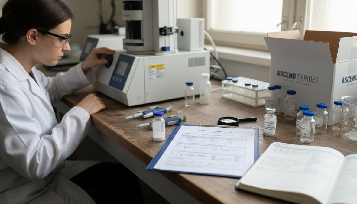Close-up of a scientist in a white lab coat carefully holding a small glass vial of lyophilized white powder, with an HPLC analytical instrument visible and softly lit in the background of a clean laboratory
