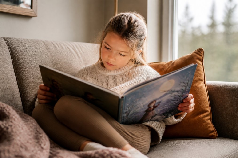 Et barn som leser en illustrert bok alene på en koselig sofa med pute, med fokus på barnets konsentrasjon og følelsesmessig engasjement