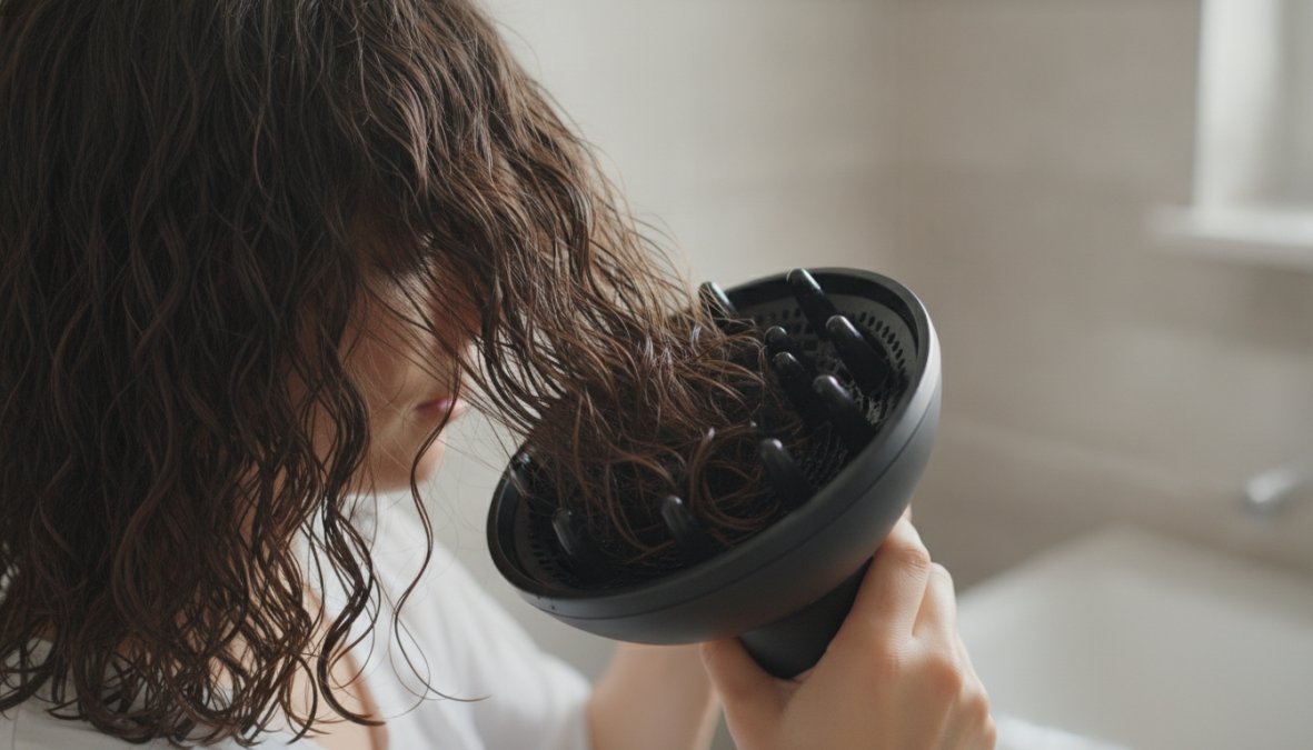 Donna con capelli mossi bagnati che tiene il phon con diffusore, vista da vicino sul diffusore e sui capelli umidi mentre inizia l'asciugatura in bagno luminoso