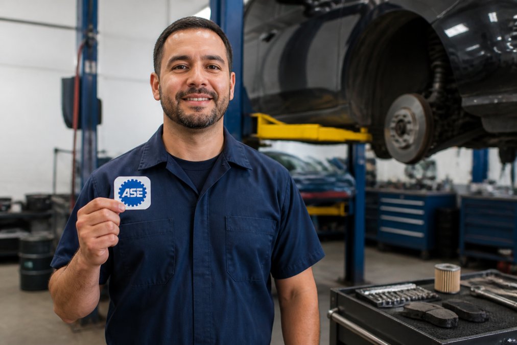 An ASE-certified mechanic in a blue uniform holding an ASE certification patch, standing confidently in a clean, well-lit auto repair bay with tools and a lifted vehicle visible in the background