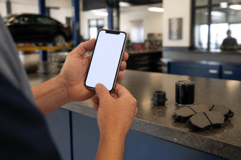 Close-up of a person's hands holding a smartphone displaying the ASE website credential verification page, with a blurred auto repair shop counter visible in the background