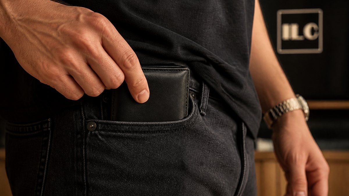 Close-up of a man's hands pulling a slim black leather bifold wallet from the front pocket of dark jeans, warm natural light, shallow depth of field