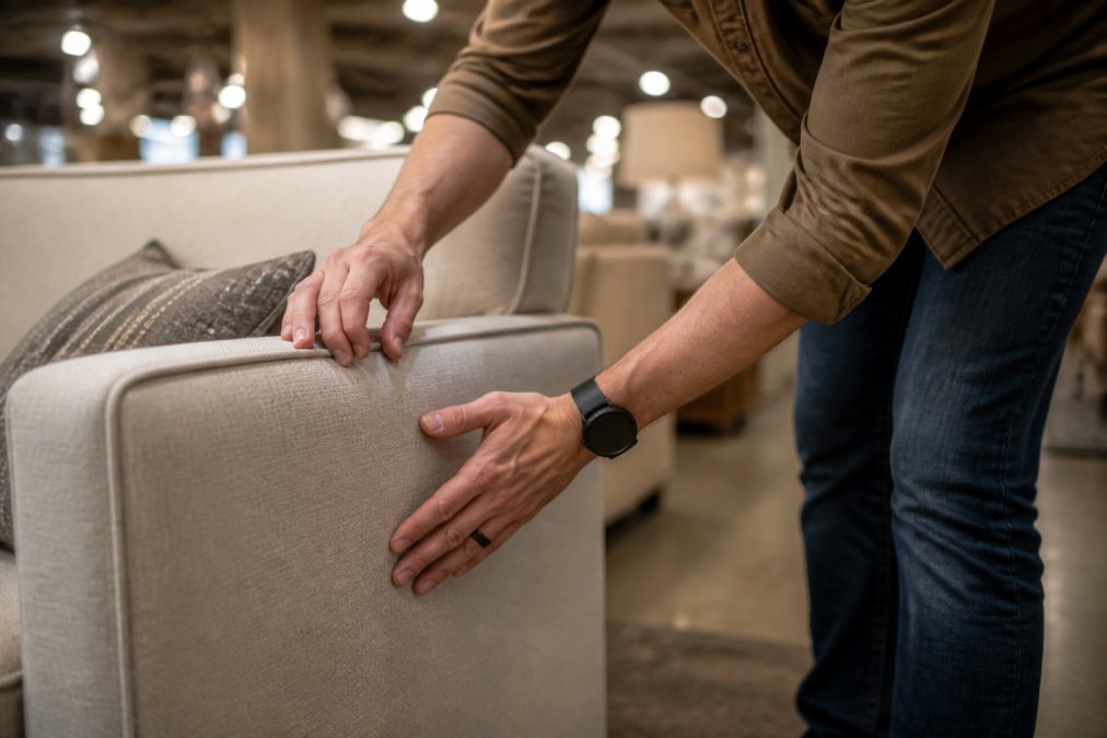 A close-up of a person's hands running along the corner of a sofa frame, feeling the joint and fabric texture in a warmly lit furniture showroom