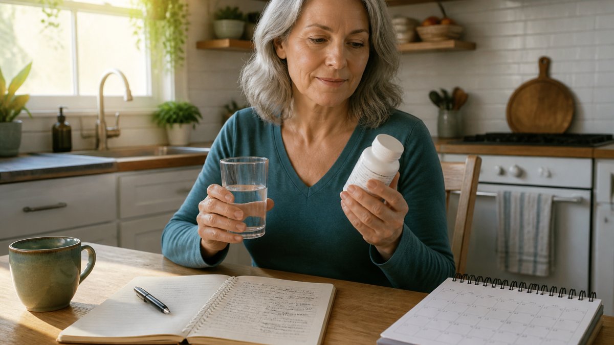 Woman in her 50s sitting at a kitchen table in morning light, holding a glass of water and supplement bottle, with a calendar and mood journal visible nearby