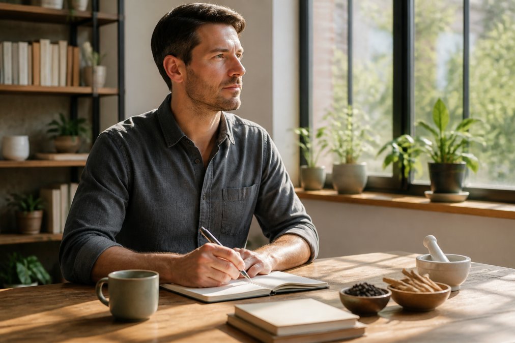 Professional appearing calm and focused at a desk with natural morning light streaming through windows, displaying relaxed posture while working