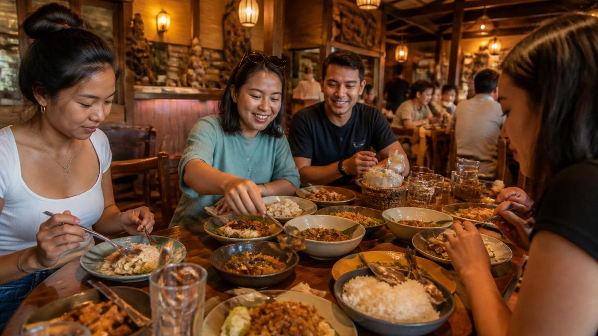 Vibrant restaurant interior with diners enjoying Southeast Asian dishes at a shared table, warm lighting, and authentic wooden décor reflecting traditional cuisine