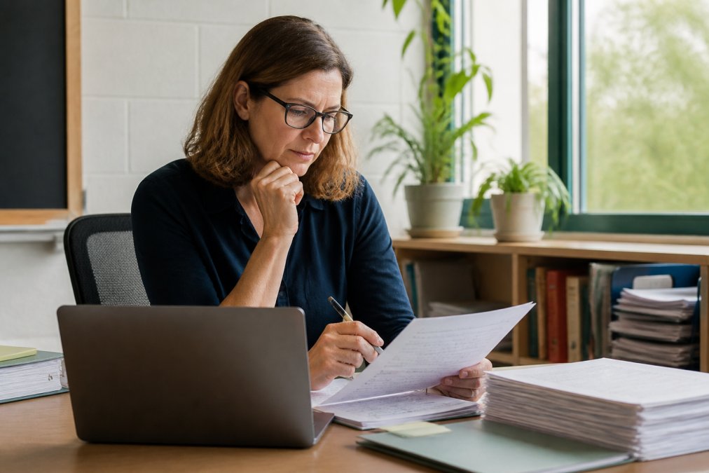Teacher sitting at desk with laptop, reviewing student work while referencing notes on assessment rubrics, natural office lighting from window
