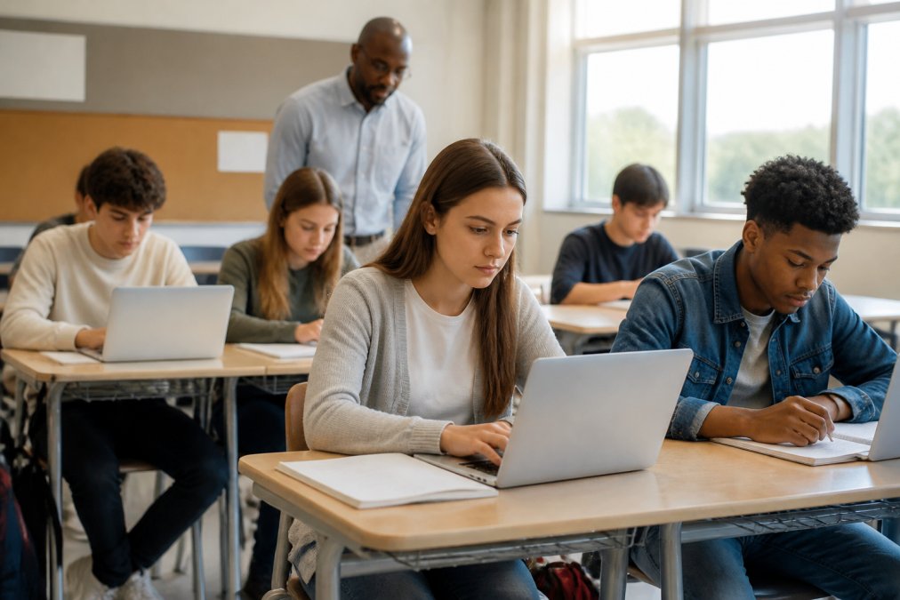 Classroom scene with students working on laptops while teacher observes and monitors progress in background, modern school setting with natural lighting