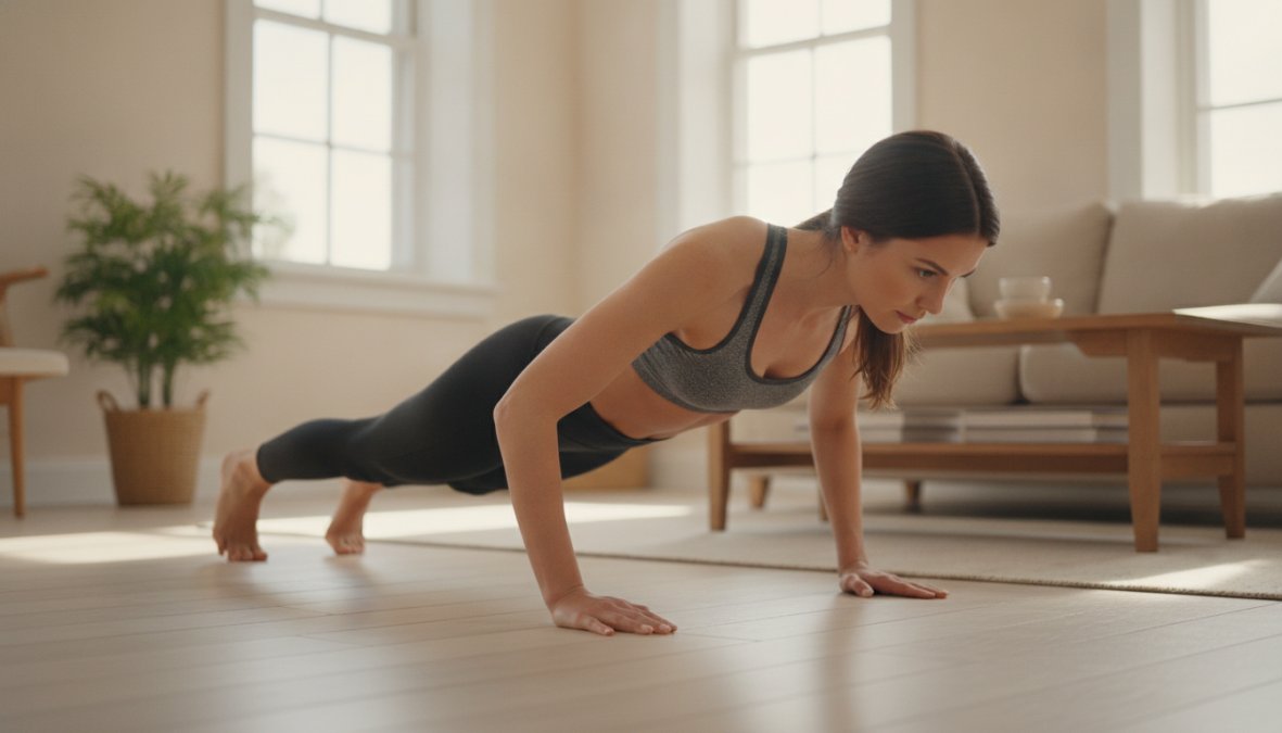Γυναίκα σε αθλητικά ρούχα εκτελεί push-ups σε φωτεινό σαλόνι σπιτιού με ξύλινο πάτωμα, φυσικό φως από παράθυρο, σωστή ευθεία στάση σώματος