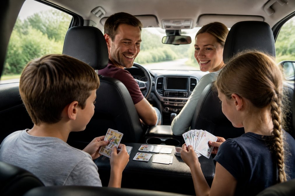 Family playing card games together during a road trip, with children focused on cards and parents smiling in front seats while driving