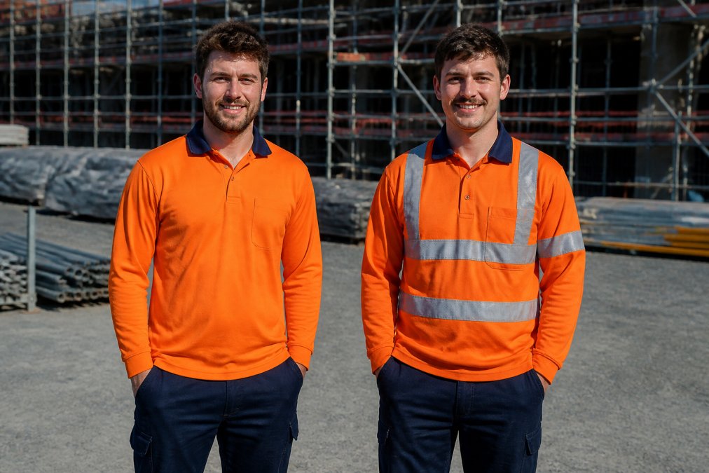 Two workers standing side by side on a construction site in bright daylight, the worker on the left wearing an orange hi-vis shirt with no reflective tape and the worker on the right wearing an identical shirt with silver retroreflective tape bands across the torso and shoulders