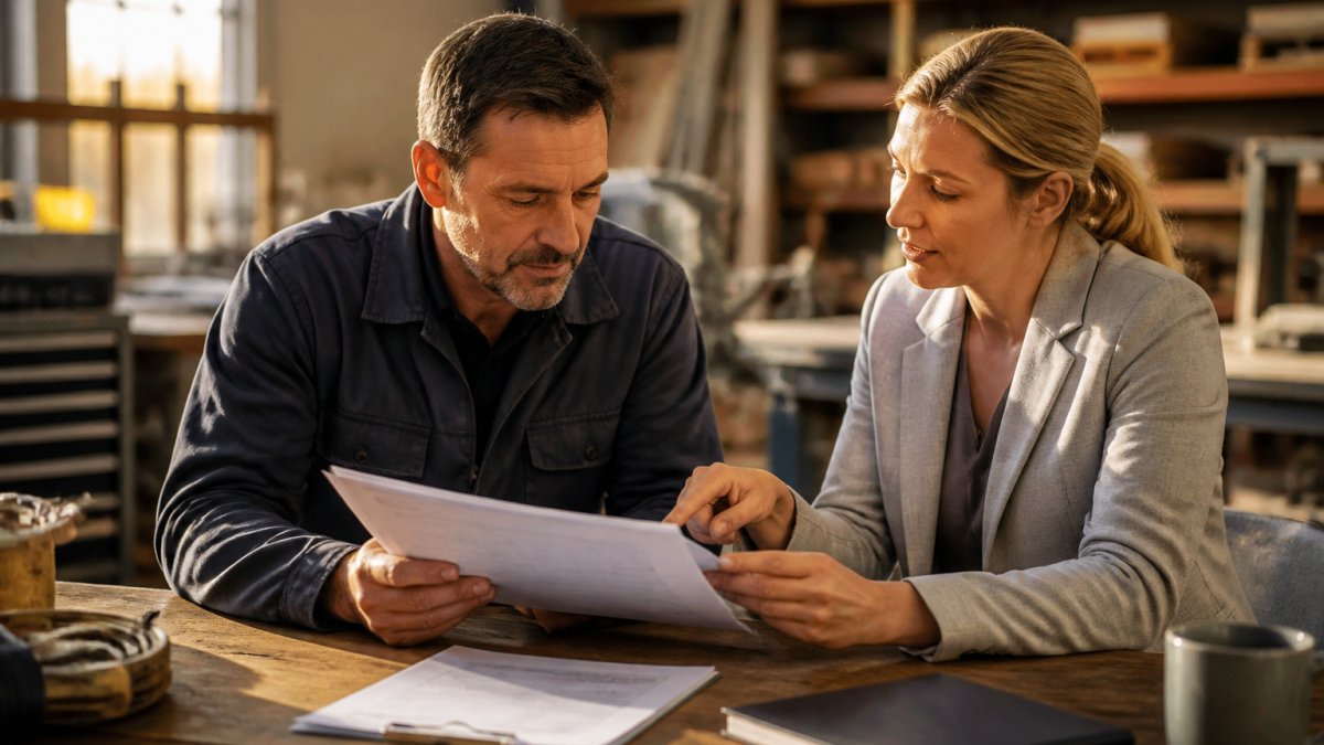 A business owner and an HR consultant reviewing benefits documents together at a desk in a bright office, laptop open to a plan summary