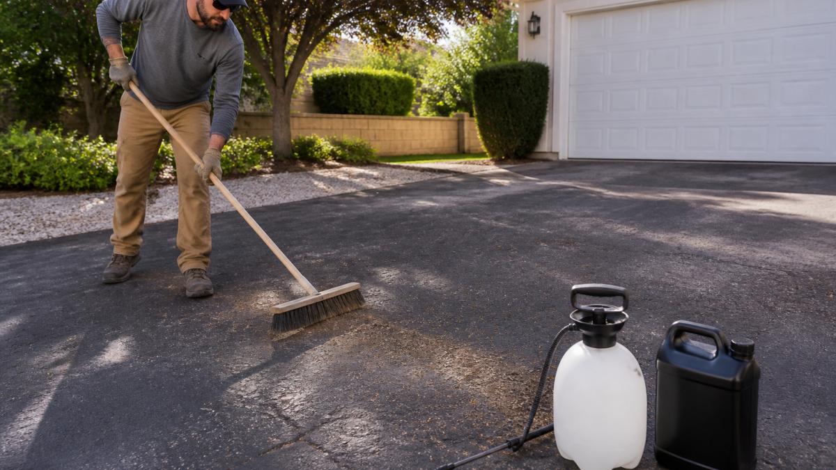 A homeowner in work clothes using a push broom to sweep dirt and debris off an aged asphalt driveway on a sunny day, with a sprayer and rejuvenator jug sitting nearby on the pavement