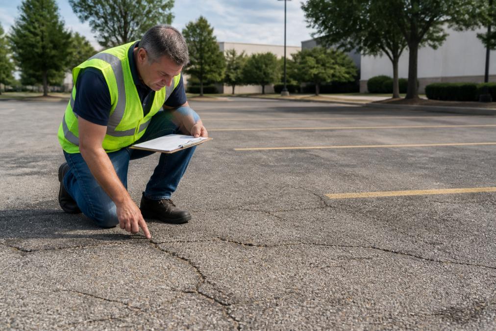 Facilities manager in safety vest inspecting asphalt parking lot surface with clipboard, examining cracks and surface wear in bright daylight