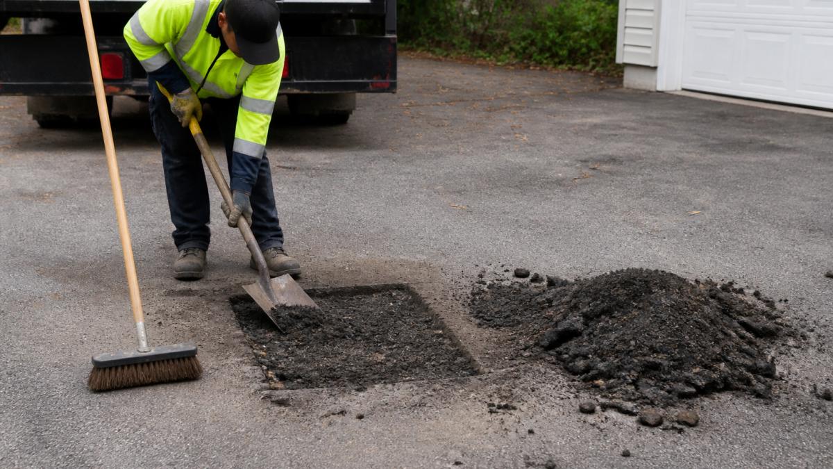 Professional worker using a shovel and broom to remove loose asphalt debris from a pothole in a driveway, with piles of removed material visible beside the repair area