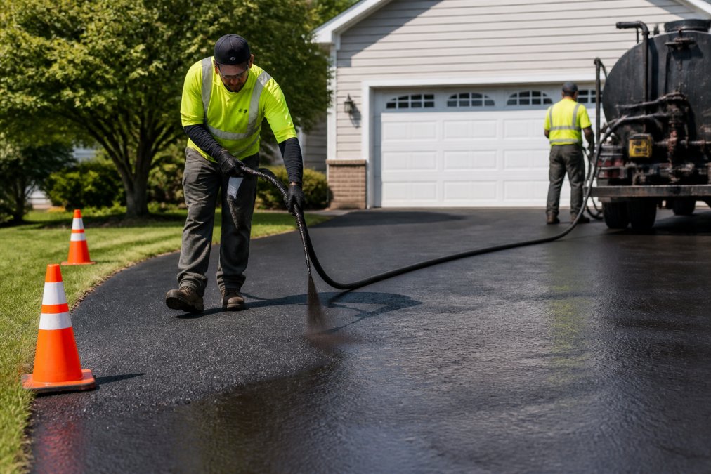 Professional crew applying dark sealcoating to asphalt driveway with spray equipment, safety cones visible, and workers in reflective gear in afternoon sunlight