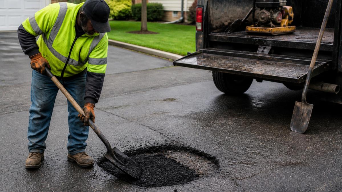 A paving crew member in a safety vest using a shovel and compacted asphalt mix to fill a pothole in a residential driveway, with a truck and tools visible in the background