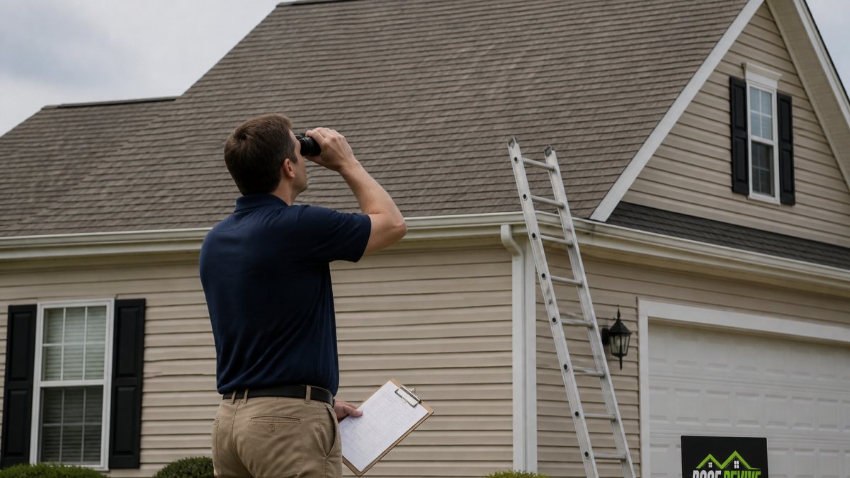 A homeowner standing safely on the ground using binoculars to inspect an asphalt shingle roof, with a ladder leaning against the house and a clipboard in hand