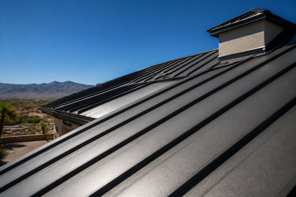 Close-up of metal roofing panels on a home with clear blue desert sky, demonstrating the metallic finish and profile design with sunlight reflecting off the surface