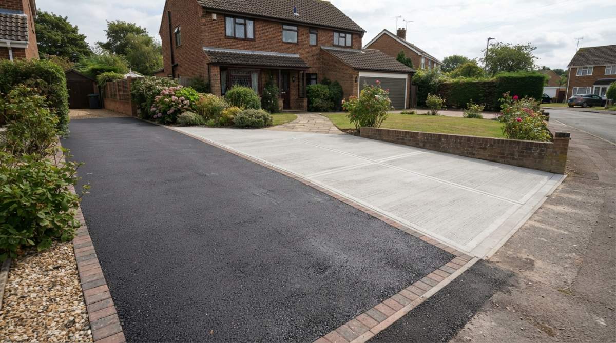 Newly installed asphalt driveway alongside finished concrete driveway showing visual material difference in residential Norfolk setting with natural daylight