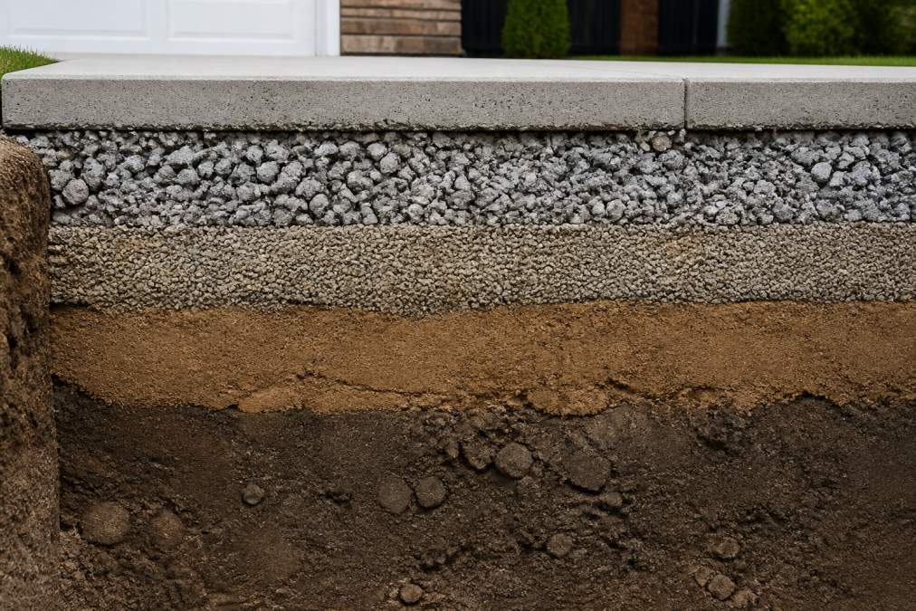 Cross-section diagram showing the layers of a residential driveway: top surface, base course, sub-base, and compacted native soil, with labels for each layer and a note about drainage slope