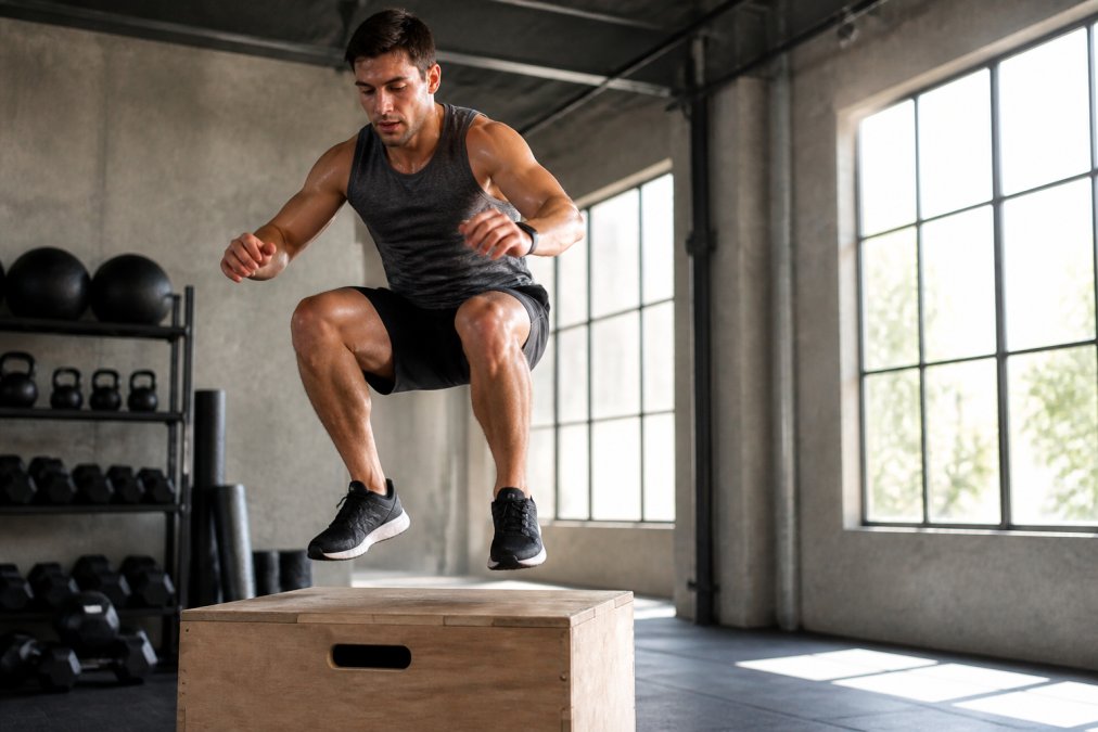Athlete in a performance training tank and shorts doing box jumps in a bright gym, sweat visible, expression focused, natural light