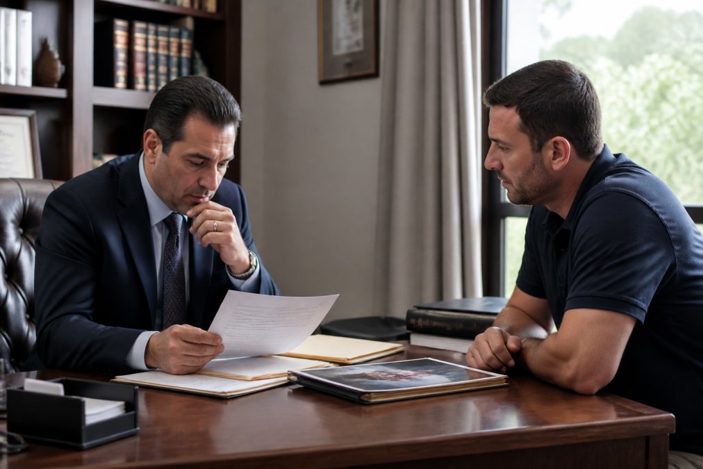Criminal defense attorney meeting with client in professional law office consultation room, reviewing case documents and evidence files on wooden desk with natural window lighting