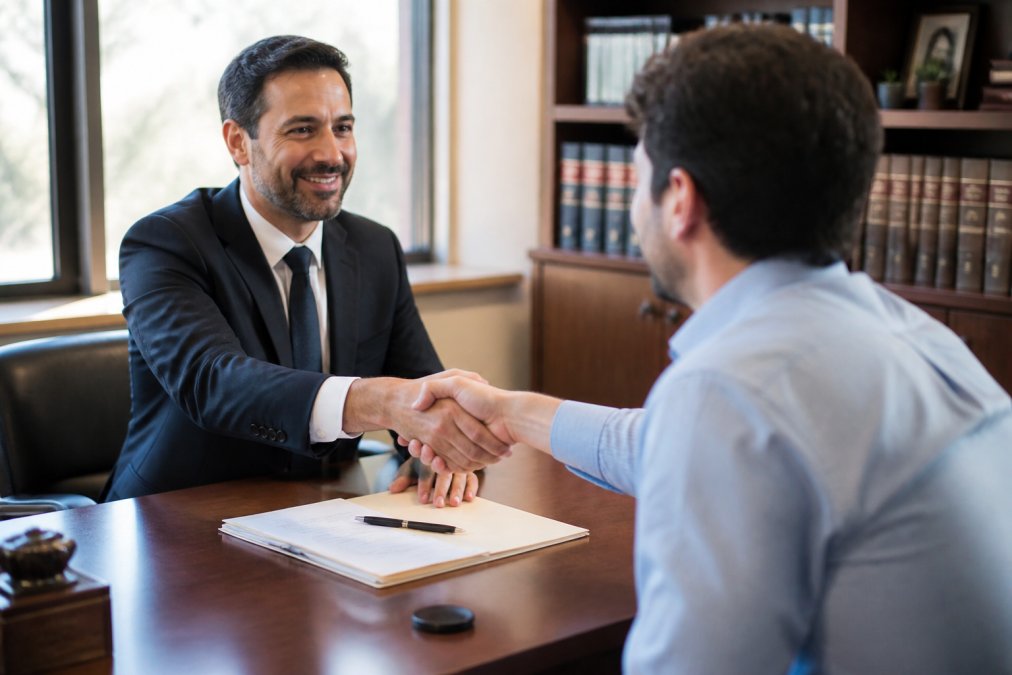 Lawyer and client shaking hands across professional desk in modern law office, establishing trust and professional rapport with natural lighting