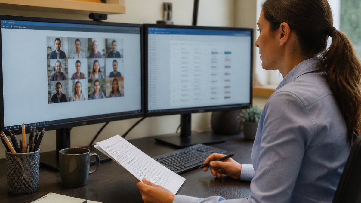 Professional remote team leader seated at desk with dual monitors, reviewing feedback notes and team performance dashboards during virtual assessment session, natural office lighting