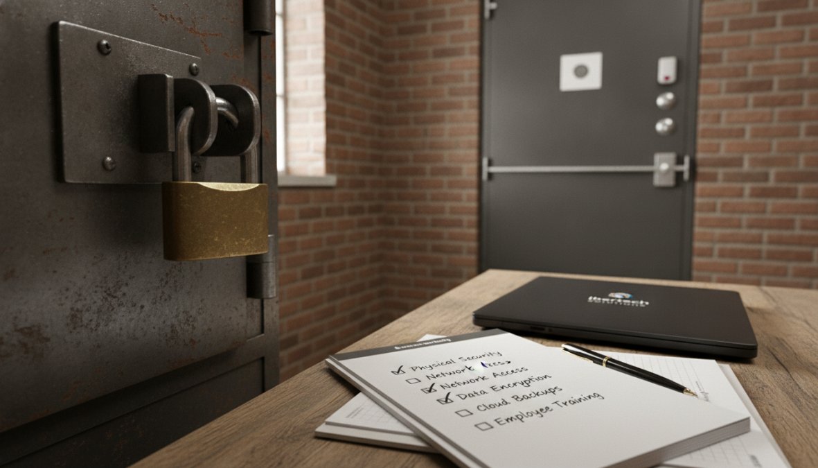 Small business owner reviewing security protocols and compliance checklist on laptop at desk in modern office, with printed documents and notes visible