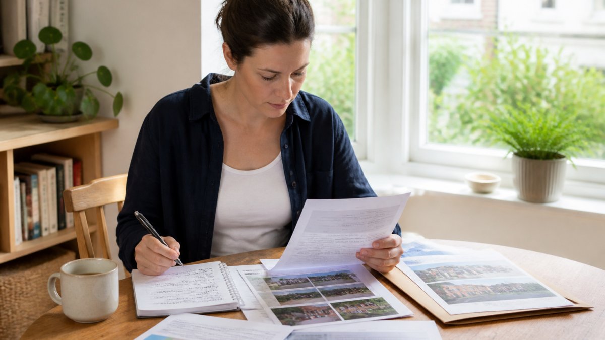 Prospective homebuyer sitting at desk with laptop and printed property documents, reviewing notes with focused expression in natural daylight