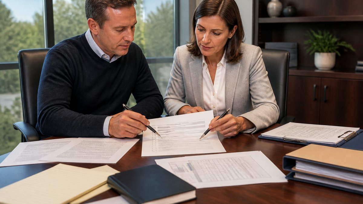 A business buyer and a consultant reviewing a printed checklist and financial documents across a conference table in a well-lit office