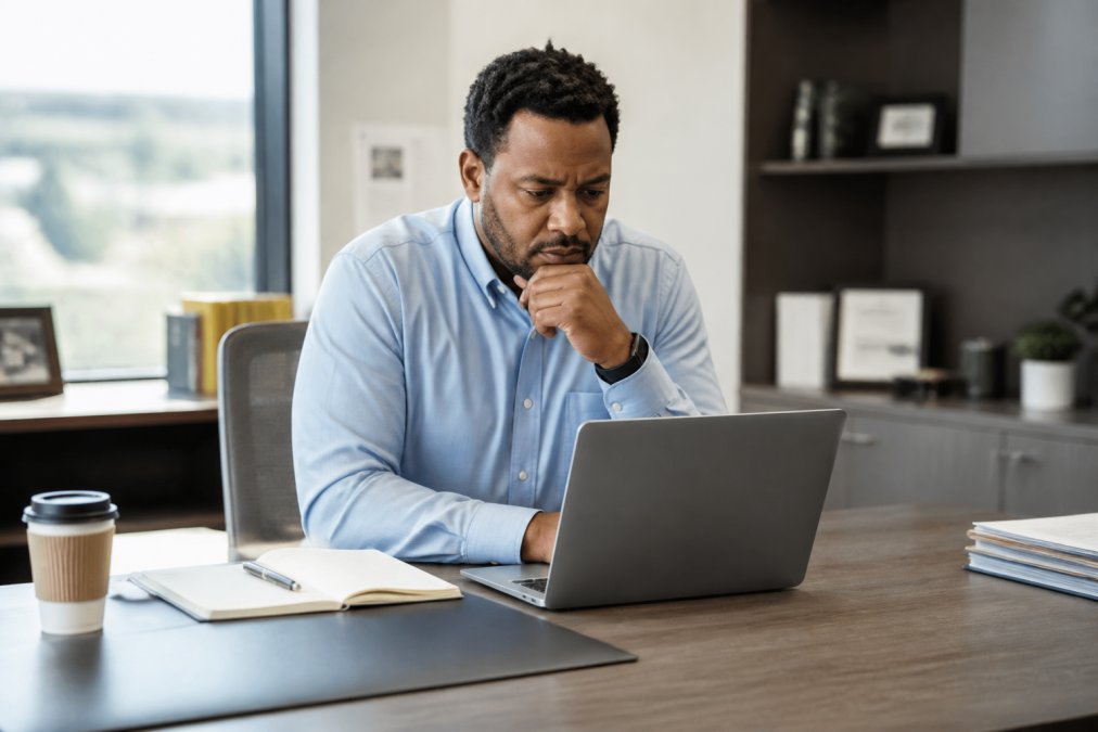 School administrator using assessment tools for administrators to review student performance on a laptop