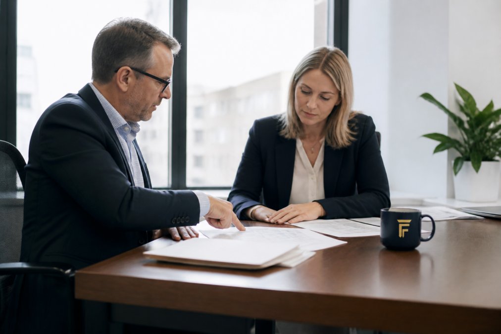Two professionals reviewing financial documents for asset backed lending in a modern office.