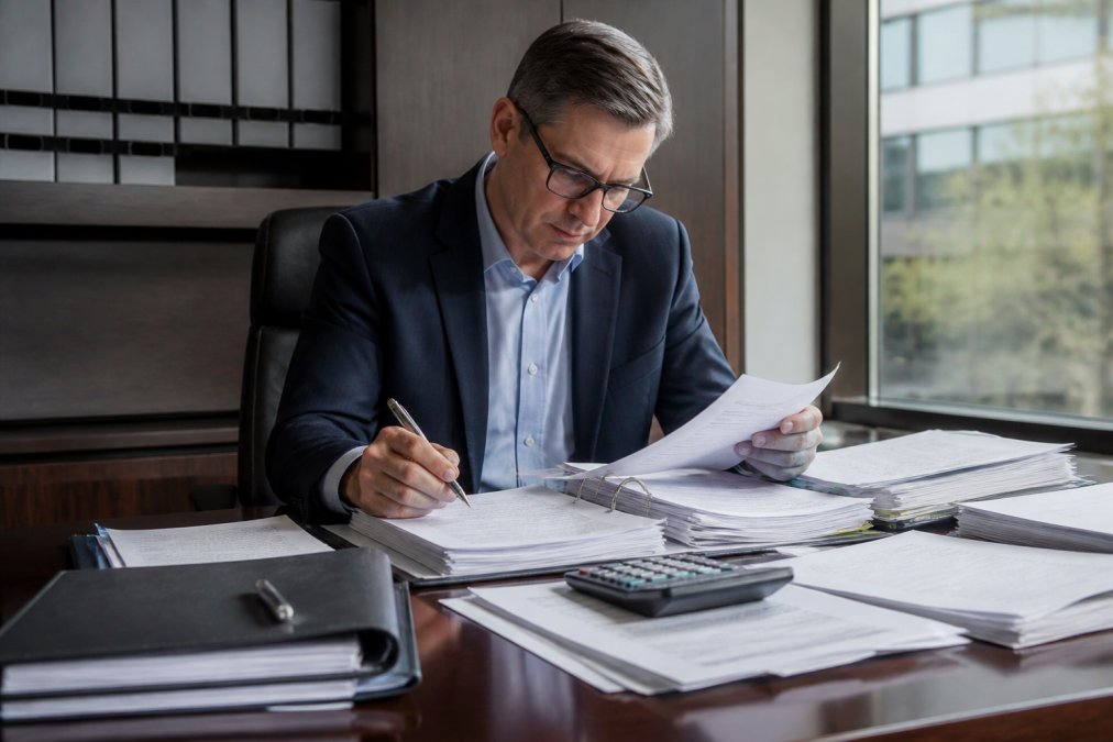 Professional finance director reviewing loan documents and asset schedules at desk with laptop, calculator, and files spread out, focused and professional