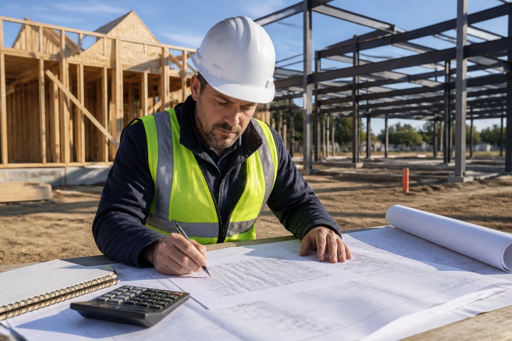 A real estate developer in a hard hat reviewing blueprints and financial spreadsheets at a construction site, with a partially framed building and steel beams visible in the background under bright daylight